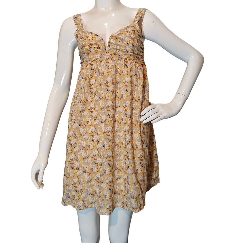 BeCool Yellow Floral Babydoll Mini Dress Smocked Back Cottagecore Size S